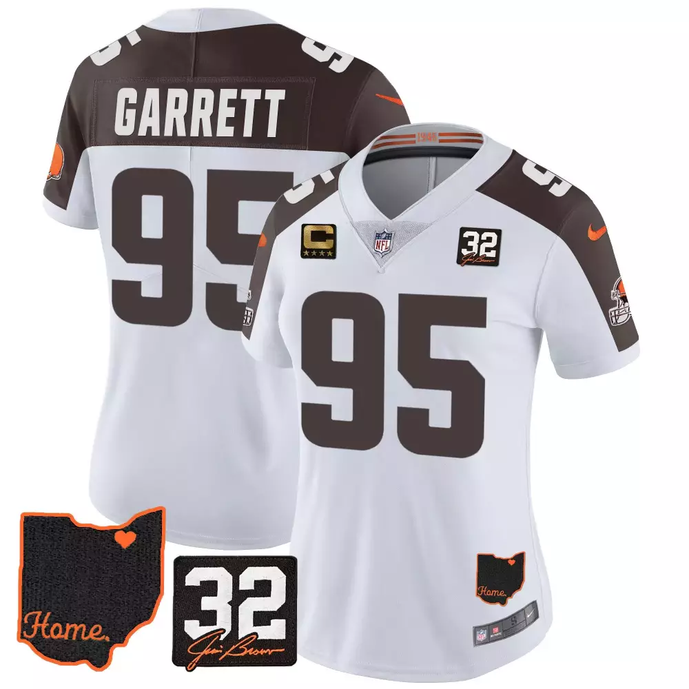 Myles Garrett Cleveland Browns 32 Jim Brown Memorial Home Patch Jersey V3 | Inverted Style | Stitched Fan Gear for Women | For Men, Women & Youth