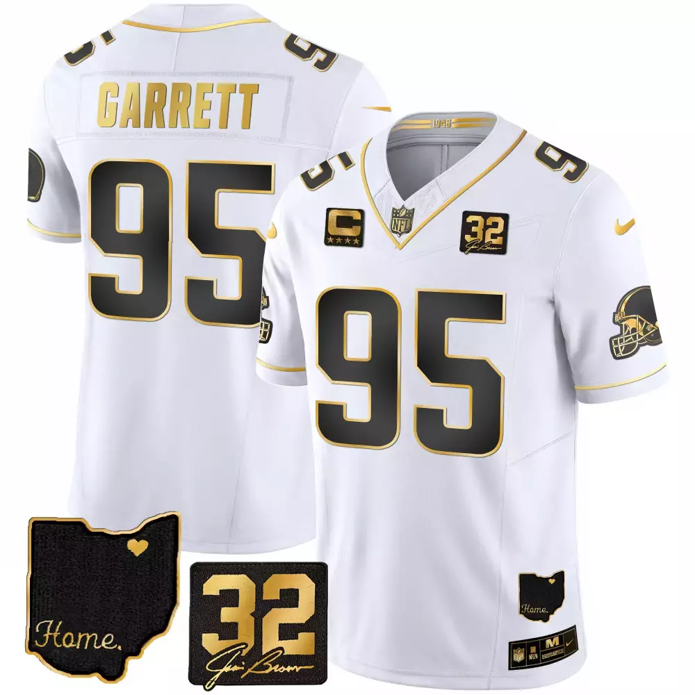 Myles Garrett Men's Gold Jersey | Cleveland Browns 32 Jim Brown Memorial Home Patch | Stitched Fan Gear for Men