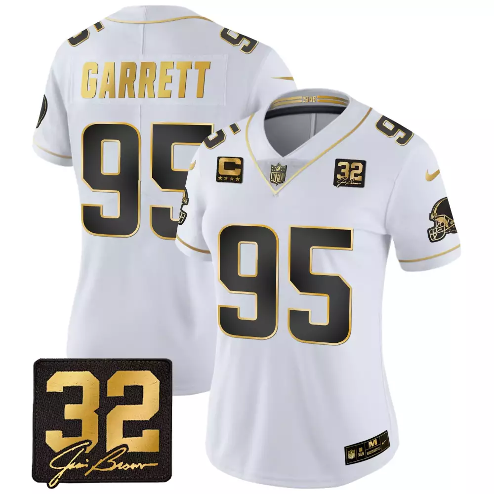 Myles Garrett Women's Gold Jersey | Cleveland Browns 32 Jim Brown Memorial Patch | Stitched Fan Gear for Women