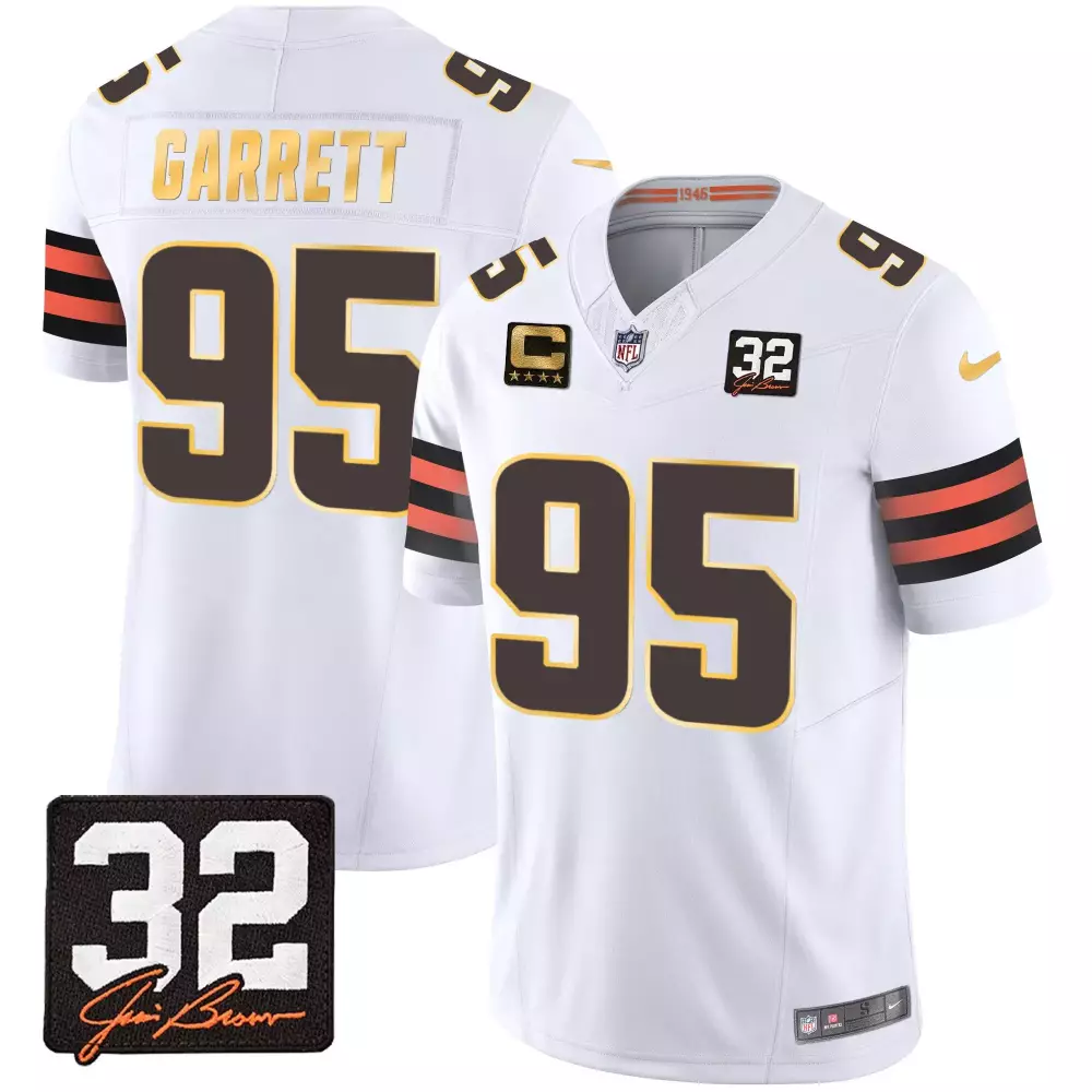 Myles Garrett Cleveland Browns 32 Jim Brown Memorial Patch Gold Trim Jersey | White Style | Stitched Fan Gear for Men, Women & Youth