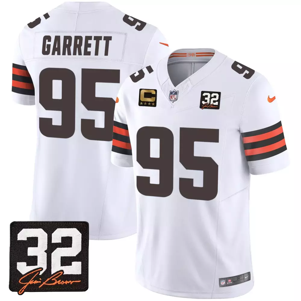 Myles Garrett Cleveland Browns 32 Jim Brown Memorial Patch Jersey | White Style | Stitched Fan Gear for Men, Women & Youth