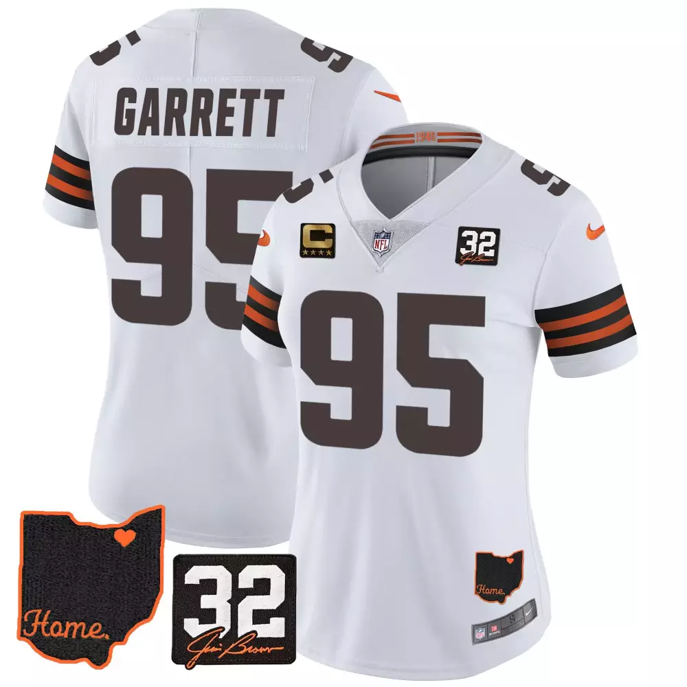 Myles Garrett Women's Cleveland Browns 32 Jim Brown Memorial Jersey V3 | Stitched White | Game Day Outfit | For Men, Women & Youth