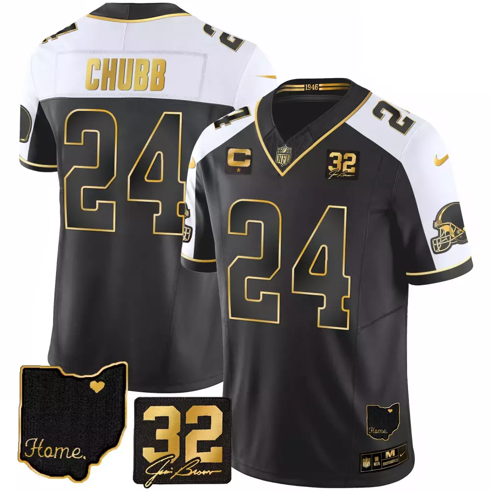 Nick Chubb Alternate Men's Cleveland Browns 32 Jim Brown Memorial Home Patch Gold Jersey | Stitched | Game Day Outfit | For Men, Women & Youth