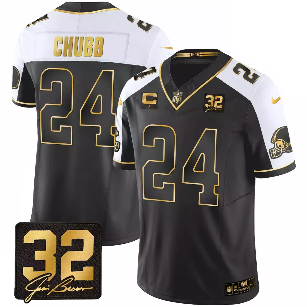 Nick Chubb Alternate Men's Cleveland Browns 32 Jim Brown Memorial Patch Gold Jersey | Stitched | Limited Edition Fan Gear | For Men, Women & Youth