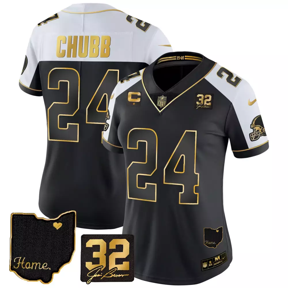 Nick Chubb Alternate Women's Cleveland Browns 32 Jim Brown Memorial Home Patch Gold Jersey | Stitched | Game Day Outfit | For Men, Women & Youth