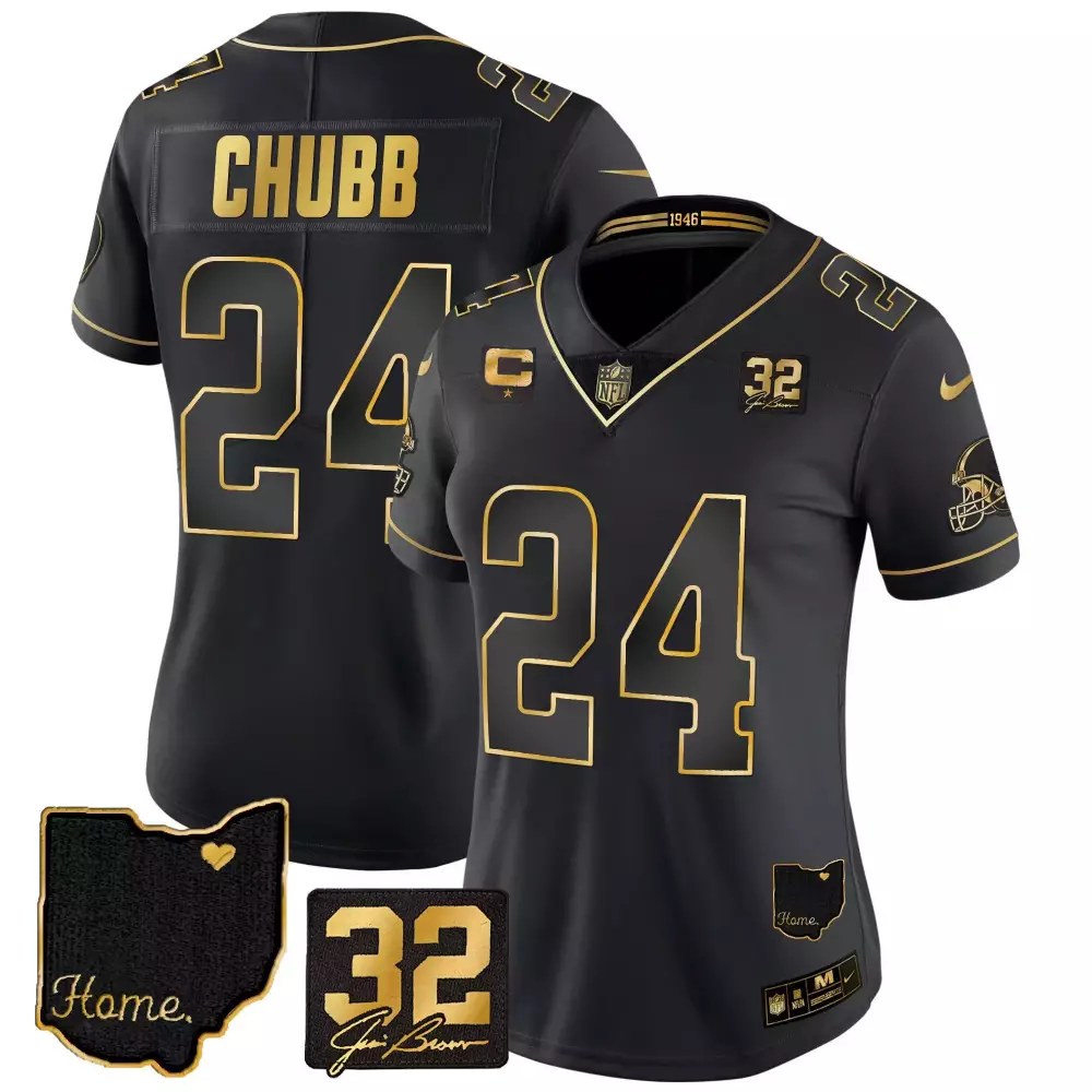 Nick Chubb Women's Gold Jersey | Cleveland Browns 32 Jim Brown Memorial | Stitched Fan Gear for Women & Youth