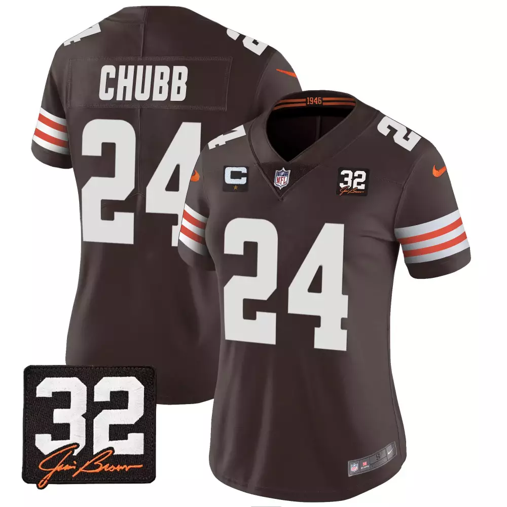 Nick Chubb Women's Cleveland Browns Brown Jersey | Jim Brown Memorial Patch | Stitched Fan Gear for Men, Women & Youth