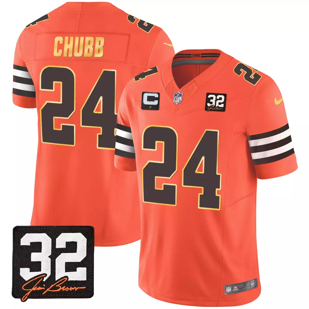 Nick Chubb Cleveland Browns Men's Jim Brown Memorial Patch Gold Trim Jersey | Orange | Stitched Fan Gear for Men, Women & Youth