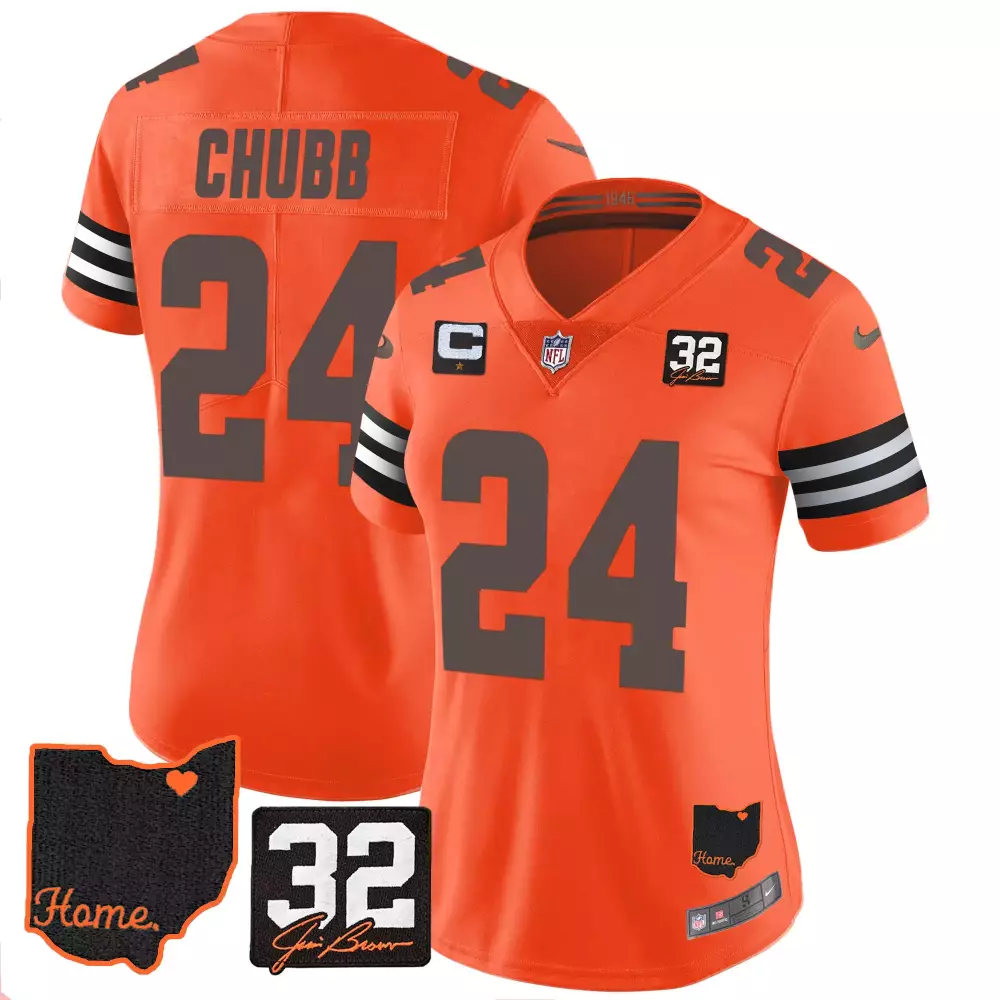 Nick Chubb Cleveland Browns Women's Jim Brown Memorial Home Patch Jersey V3 | Orange | Stitched Fan Gear for Men, Women & Youth