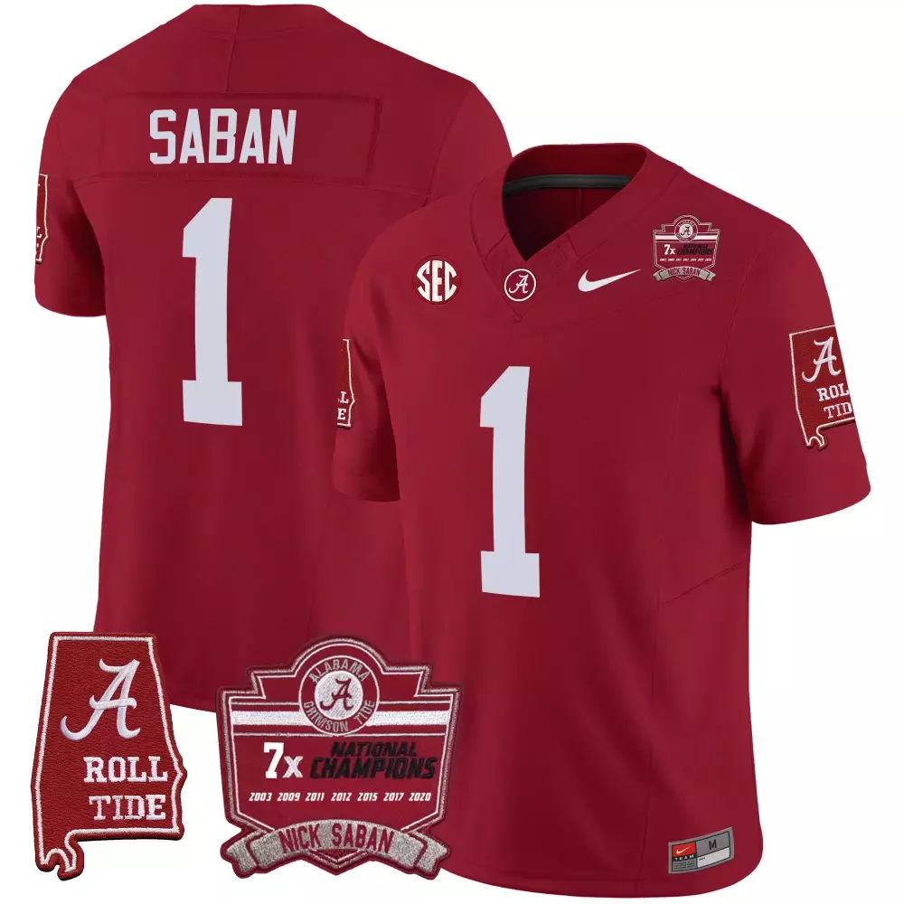 Nick Saban Crimson Youths Alabama Crimson Tide 7x Champions Patch Vapor Jersey | All Stitched | Limited Edition Fan Gear | For Men, Women & Youth