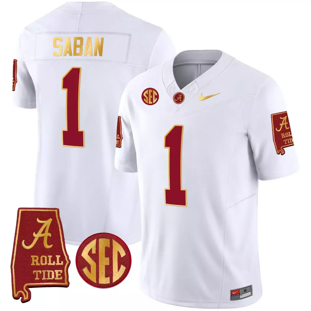 Nick Saban Alabama Crimson Tide Youth Gold Trim Vapor Jersey | White Stitched with Alabama Map | Fan Gear for All | For Youth, Men & Women