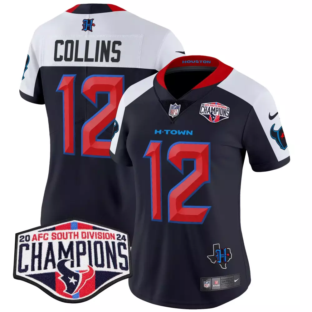 Nico Collins Women's Navy Alternate Houston Texans 2024 AFC South Division Champions Patch Vapor Limited Jersey | Stitched Fan Gear | For Men, Women & Youth