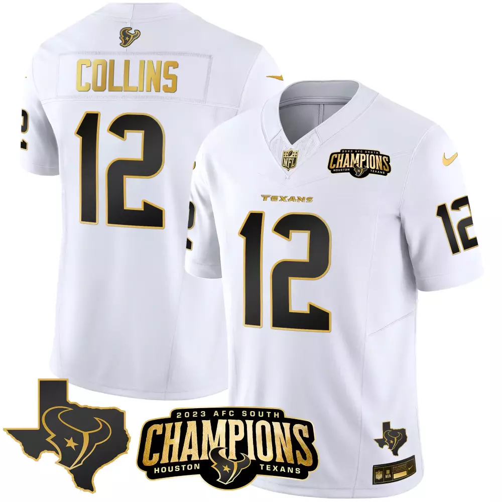 Nico Collins White Gold Men's Houston Texans 2023 AFC South Champions Patch Gold Vapor Jersey | Stitched Fan Gear for Game Day | For Men, Women & Youth