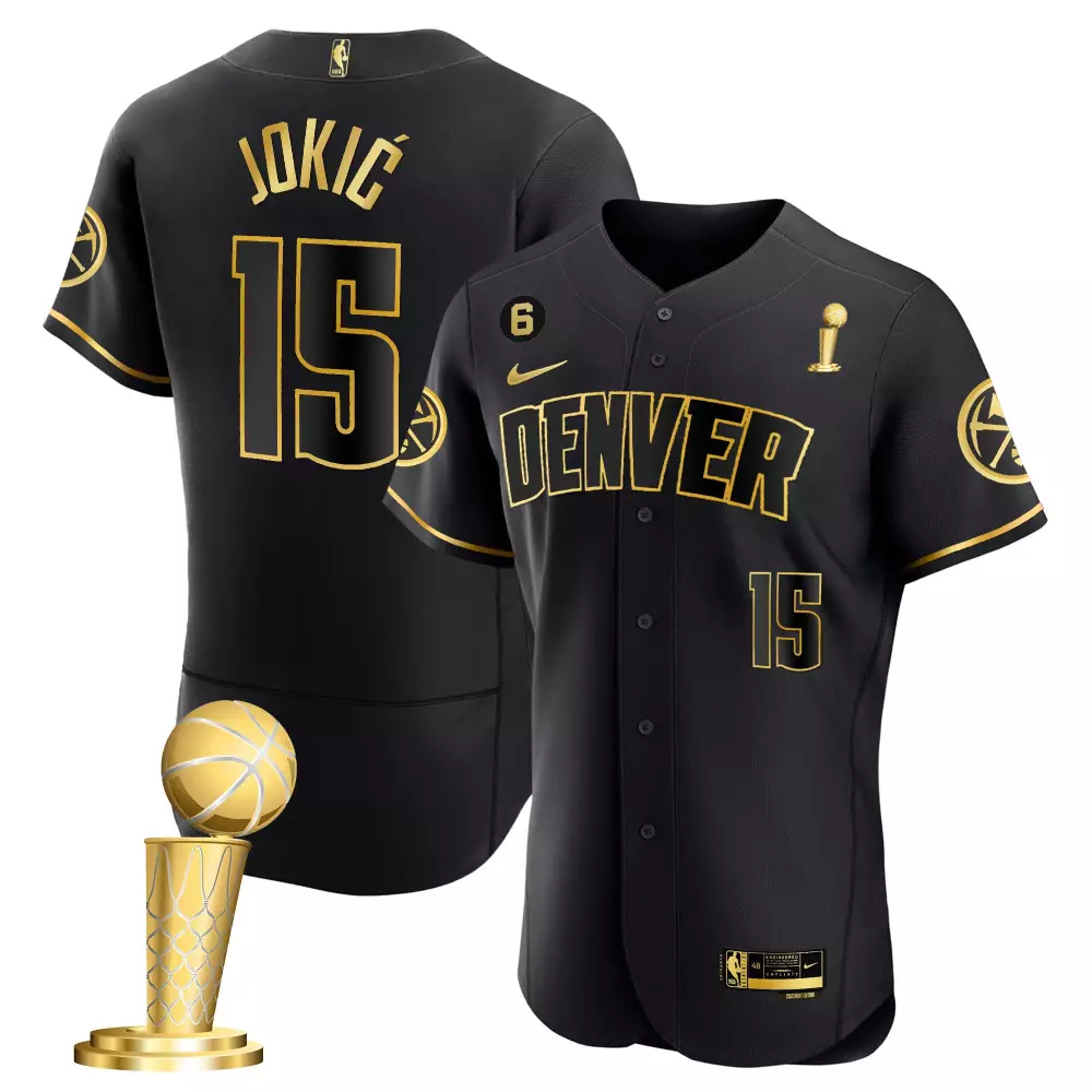 Nikola Jokic Black Gold Men's Denver Nuggets 2023 Champions Flex Base Jersey | Stitched | Fan Gear | For Men, Women & Youth