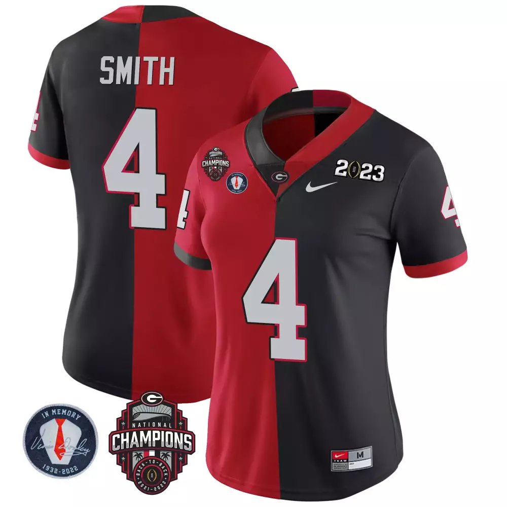 Nolan Smith Georgia Bulldogs 2023 Vince Dooley Patch Alternate Jersey | Split Red Black Stitched Design for Women | Limited Edition Fan Gear | For Men, Women & Youth