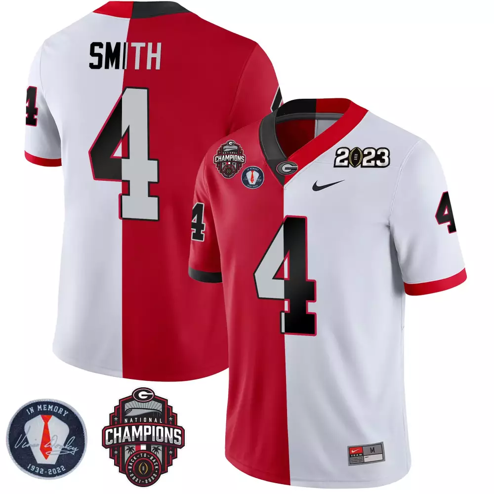 Nolan Smith Georgia Bulldogs 2023 Champions Jersey | Split Red White Stitched Design with Vince Dooley Patch for Men | Limited Edition Fan Gear | For Men, Women & Youth