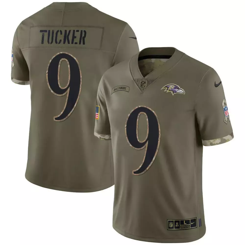 Justin Tucker Baltimore Ravens Olive Salute to Service Jersey | All Stitched Edition | For Men, Women & Youth