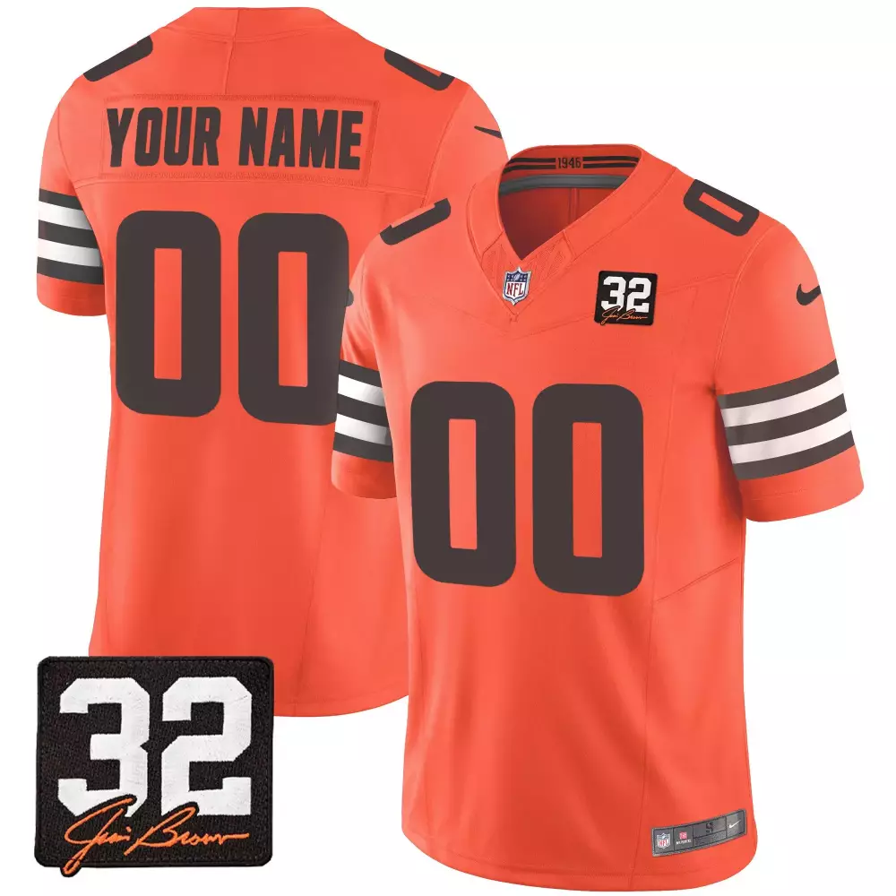 Orange Men Cleveland Browns 32 Jim Brown Memorial Patch Custom Jersey | All Stitched | Replica Fan Gear | For Men, Women & Youth