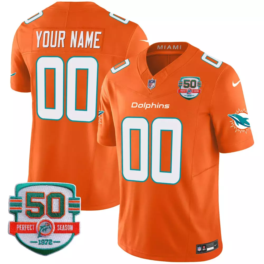 Miami Dolphins 50th Perfect Season Custom Jersey | Orange Vapor Stitched | Limited Edition Fan Gear | For Men, Women & Youth
