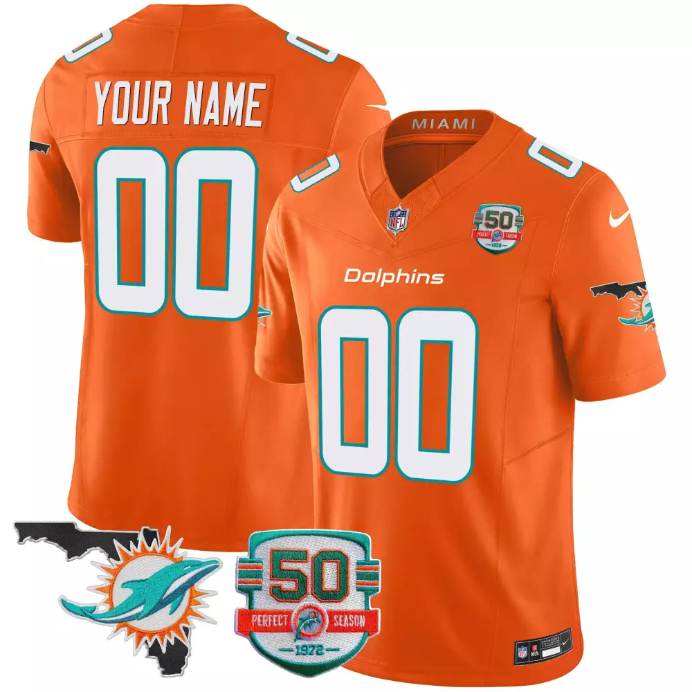 Miami Dolphins 50th Perfect Season Florida Custom Jersey | Orange Vapor Stitched | Limited Edition Fan Gear | For Youth