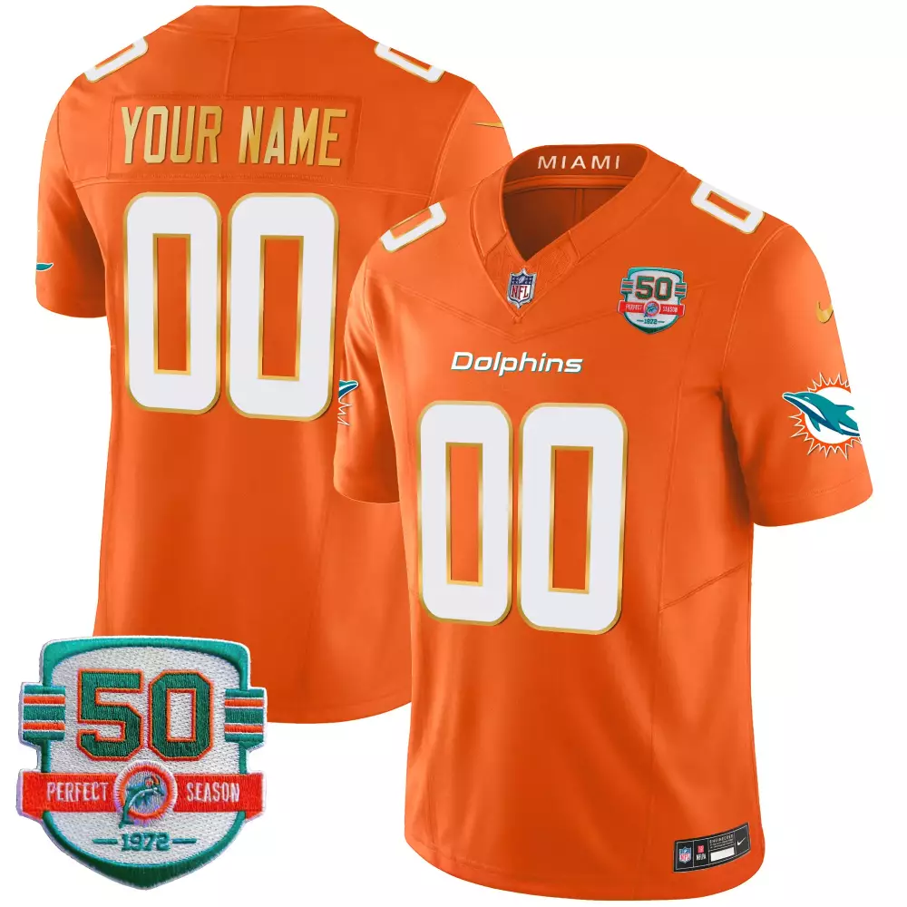 Miami Dolphins Gold Trim Limited Custom Jersey | Orange Vapor Stitched | Fan Gear | For Youth