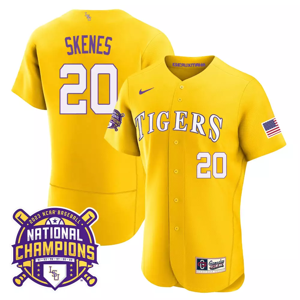 Paul Skenes Gold Men's LSU Tigers 2023 National Champions Gold Flex Jersey | All Stitched | Limited Edition Fan Gear | For Men, Women & Youth