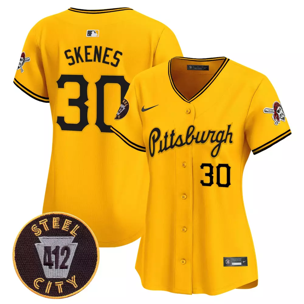 Paul Skenes Pittsburgh Pirates 412 Patch Gold Women's Jersey V4 | Vapor Premier Limited Edition | Fan Gear for Women & Youth