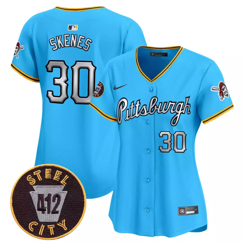 Women's Paul Skenes Light Blue Pittsburgh Pirates Vapor Premier Limited Jersey V7 | 412 Patch | All Stitched | For Women & Youth