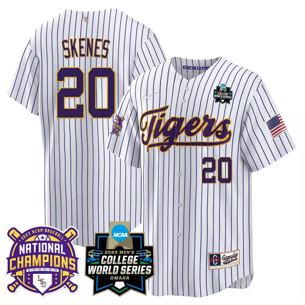 Paul Skenes Pinstripe Men's LSU Tigers 2023 National Champions Gold Cool Jersey V3 | All Stitched | Replica Fan Gear | For Men, Women & Youth