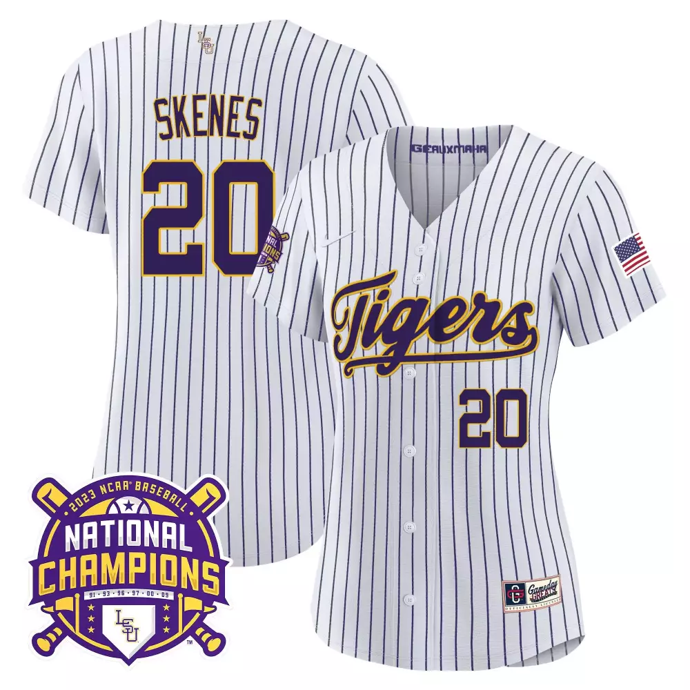 Paul Skenes Pinstripe Women's LSU Tigers 2023 National Champions Gold Jersey V2 | All Stitched | Game Day Outfit | For Men, Women & Youth