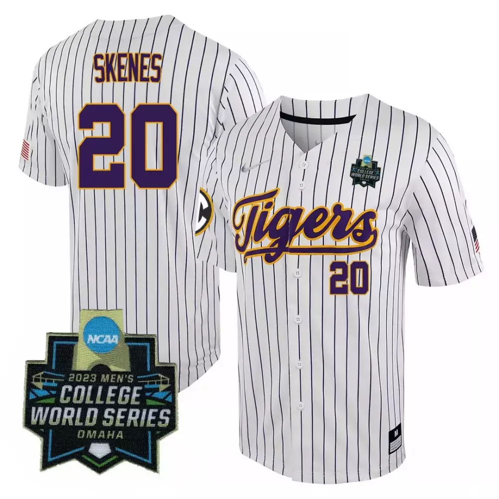 Paul Skenes LSU Tigers College Baseball World Series Pinstripe Jersey V2 | Stitched Fan Gear | For Men, Women & Youth
