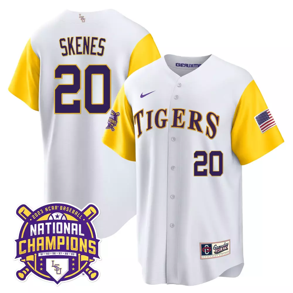 Paul Skenes LSU Tigers 2023 Champions Alternate Color Sleeves Jersey | Stitched Fan Gear | For Men, Women & Youth