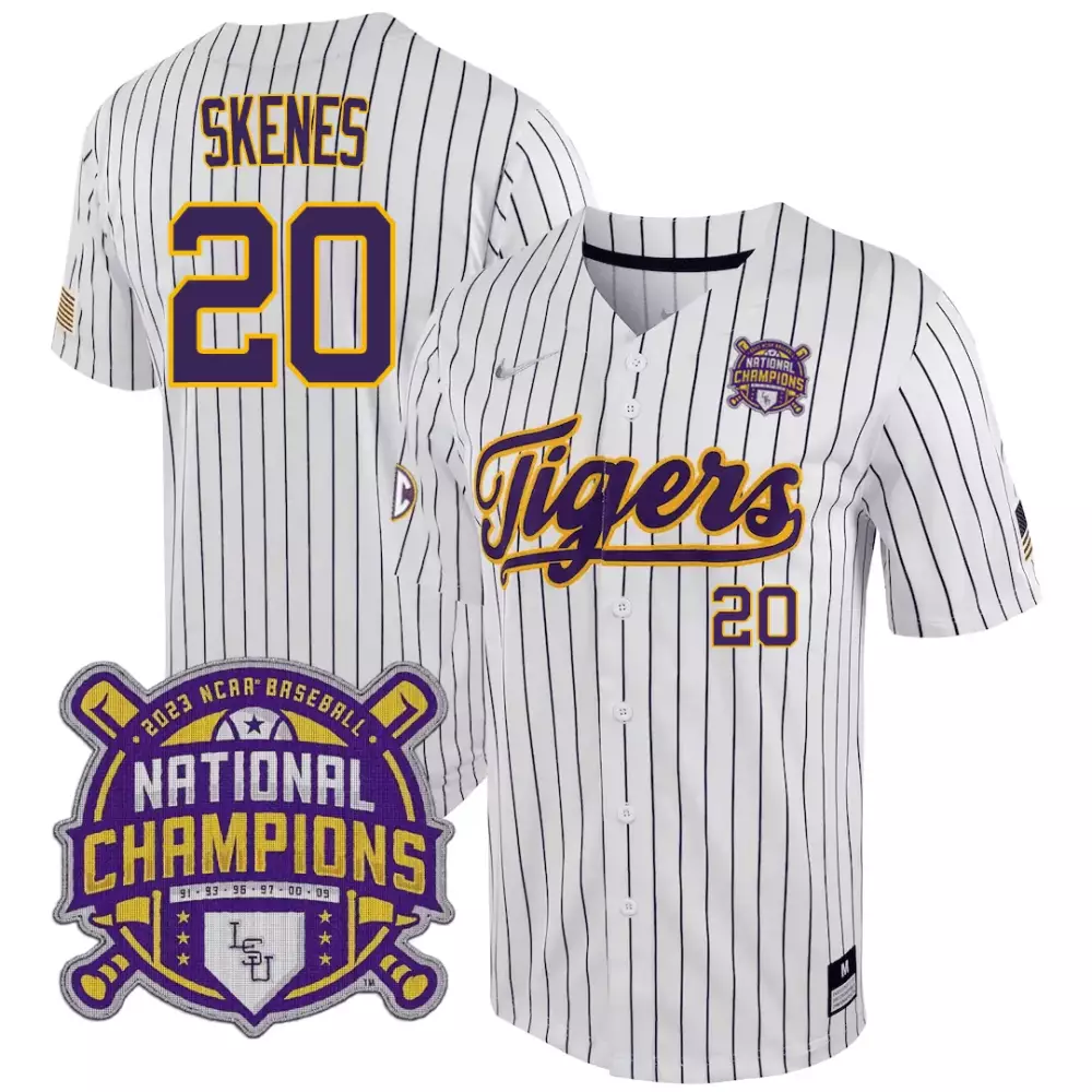 Paul Skenes LSU Tigers 2023 National Champions Jersey | White Stripe Stitched | Limited Edition Fan Gear for Men, Women & Youth