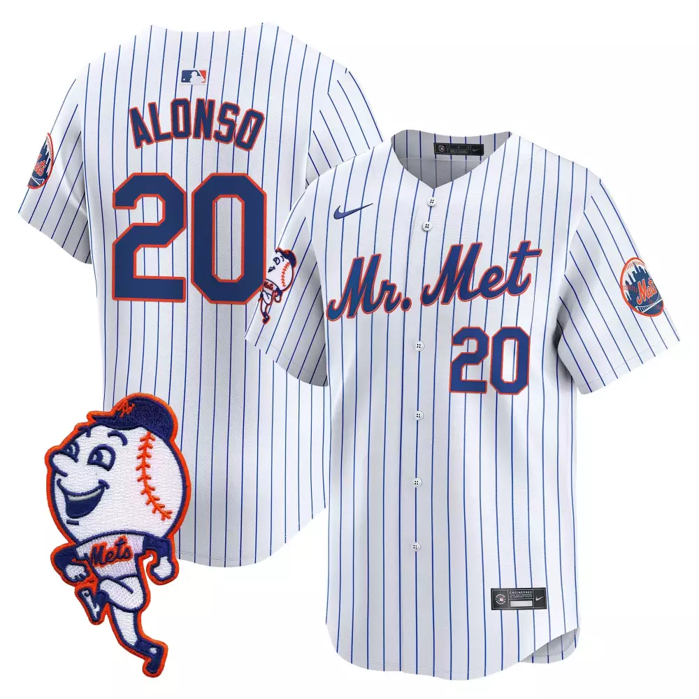 Pete Alonso New York Mets Mr. Met Patch Vapor Premier Limited Jersey | White Stitched Fan Gear | For Men, Women & Youth