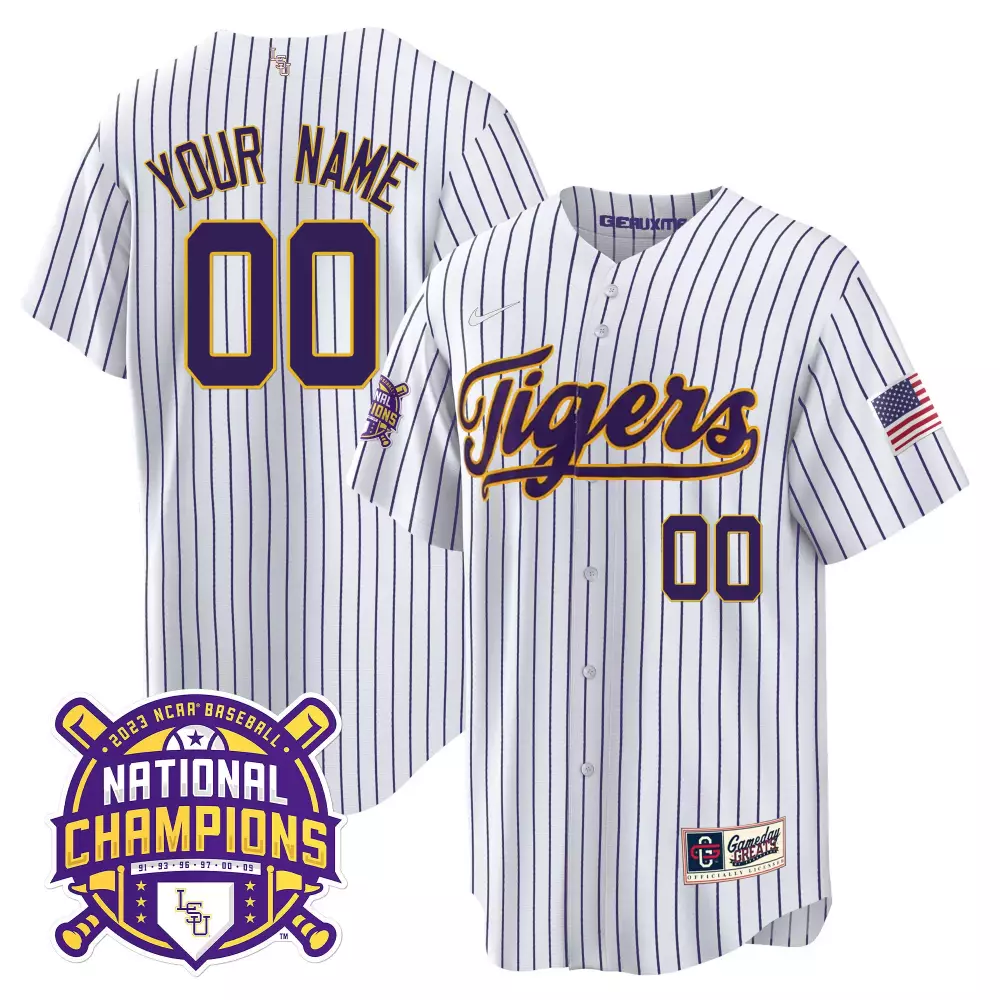 Pinstripe LSU Tigers 2023 National Champions Gold Cool Custom Jersey | Stitched Fan Gear | For Men, Women & Youth