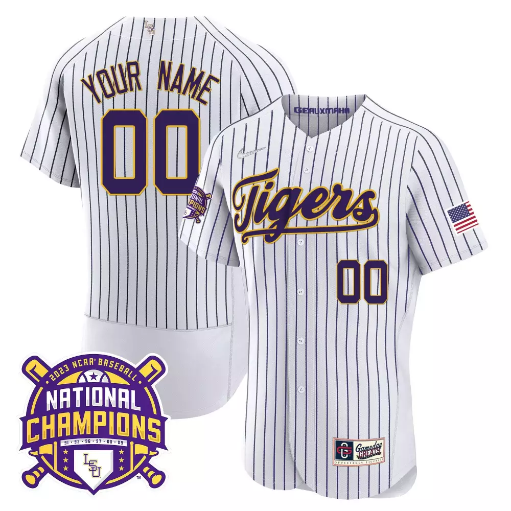 Pinstripe LSU Tigers 2023 National Champions Gold Flex Custom Jersey | Stitched Fan Gear | For Men, Women & Youth
