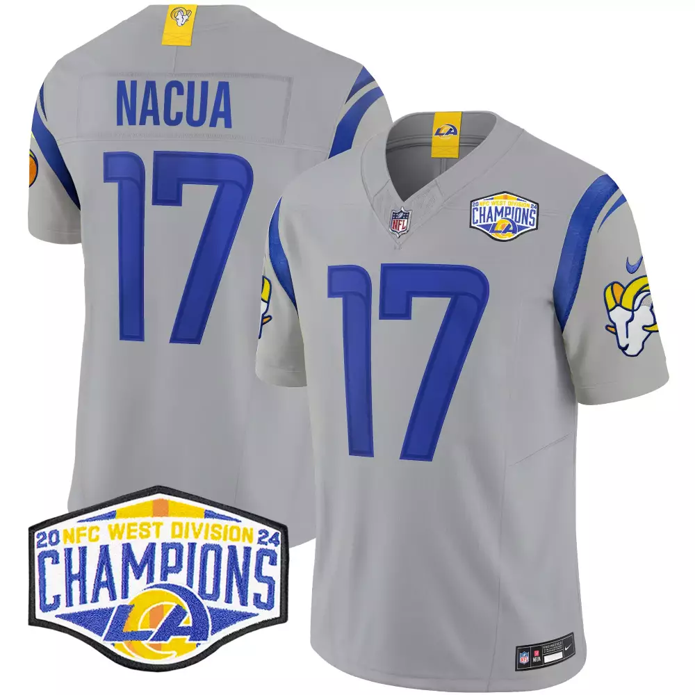 Puka Nacua Men's Los Angeles Rams Gray 2024 NFC West Champions Vapor Limited Jersey | All Stitched | For Men, Women & Youth