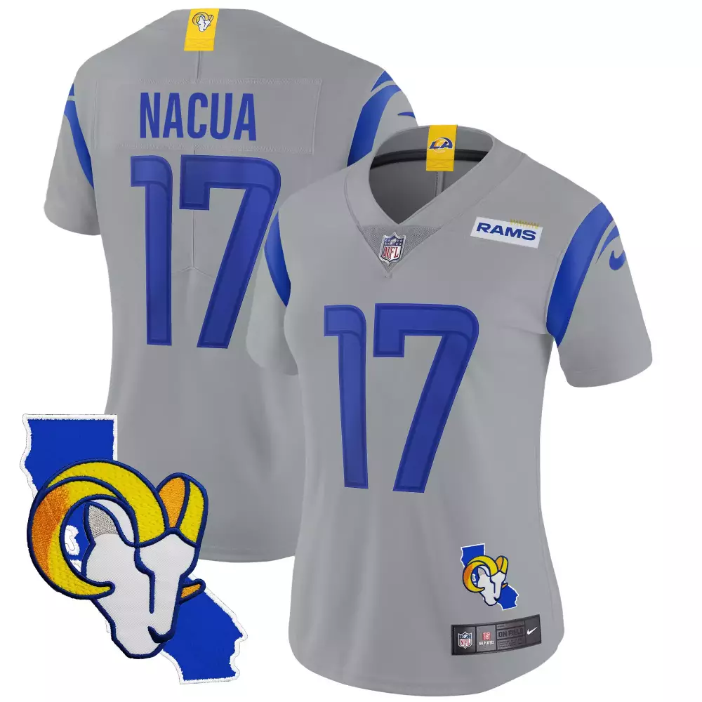 Puka Nacua Women's Los Angeles Rams Gray California Patch Vapor Limited Jersey | All Stitched | Fan Gear for Men, Women & Youth