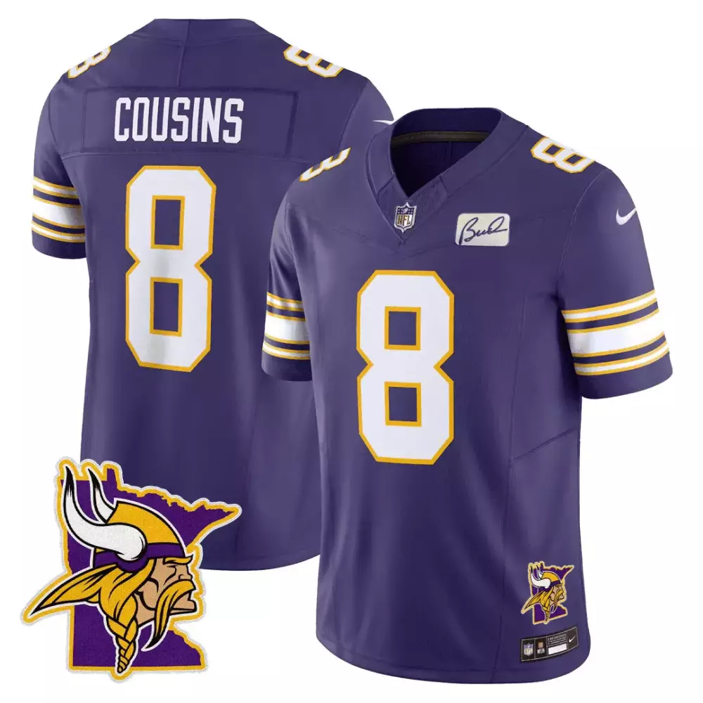 Kirk Cousins Minnesota Vikings Men's Purple Honor Bud Grant Jersey | Limited Edition Stitched Fan Gear | For Men, Women & Youth