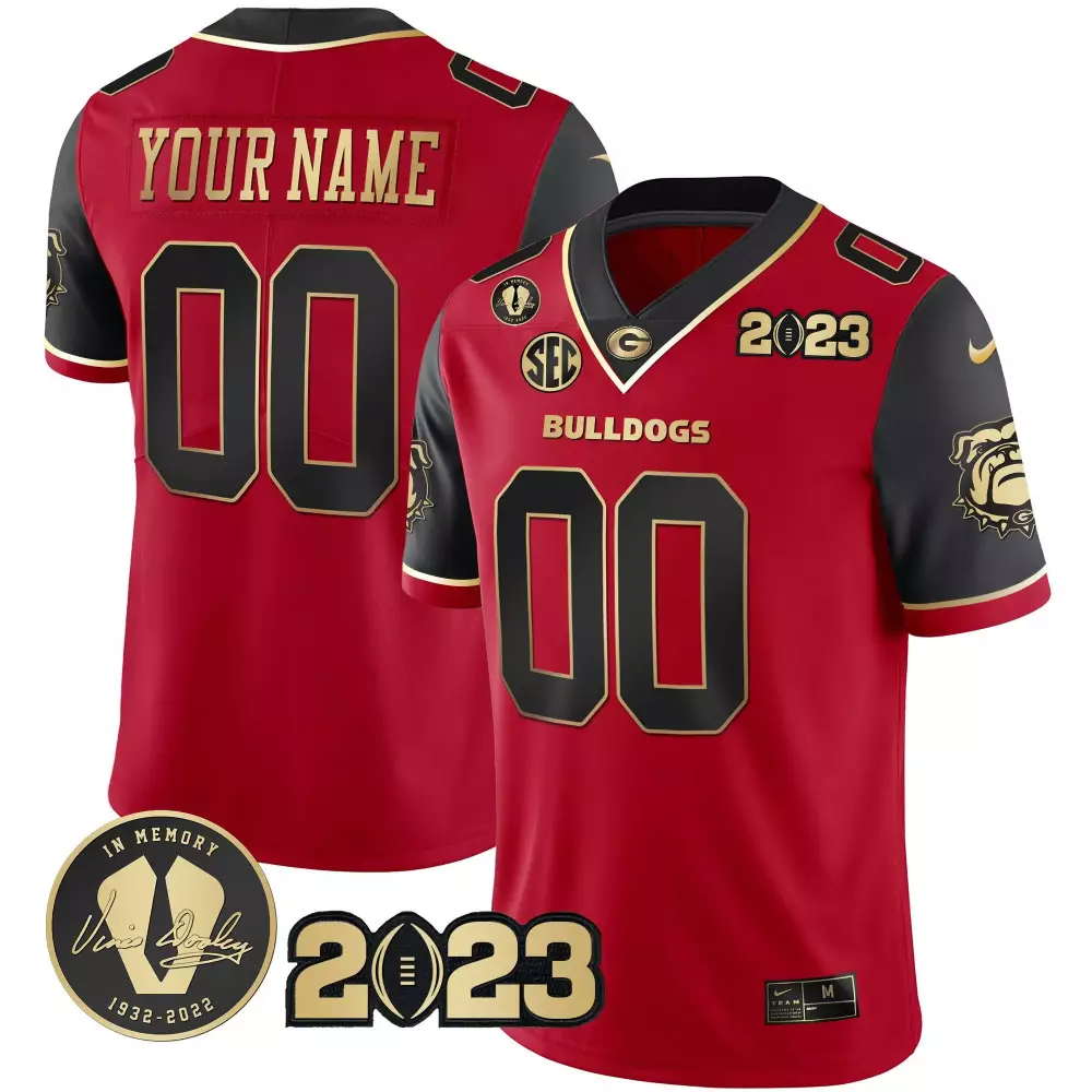 Red Men's Georgia Bulldogs 2023 Champions Gold Color Sleeves Custom Jersey | Stitched | For Men, Women & Youth