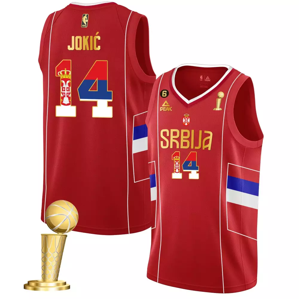 Nikola Jokic Red Men Serbia Champions Gold Jersey | Stitched Fan Gear for Men, Women & Youth | Denver Nuggets