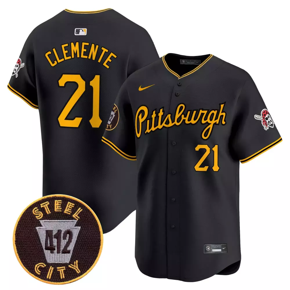 Roberto Clemente Black Men's Pittsburgh Pirates 412 Patch Vapor Premier Limited Jersey V4 | All Stitched | For Men, Women & Youth