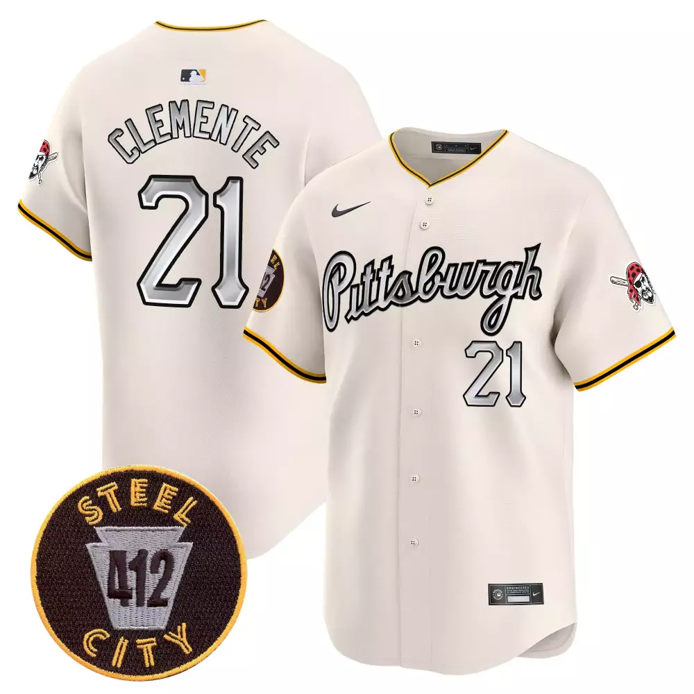 Roberto Clemente Cream Men's Vapor Premier Limited Jersey V7 | Pittsburgh Pirates 412 Patch | Stitched Fan Gear