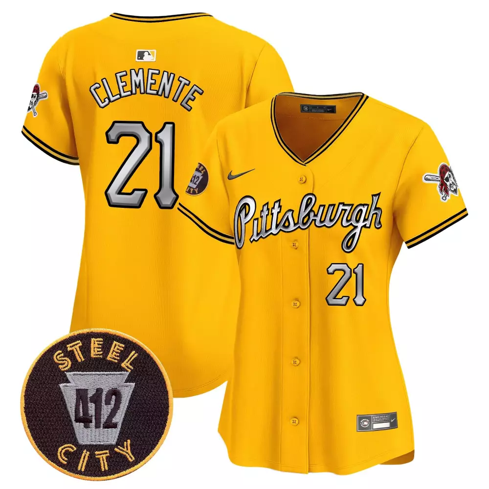 Roberto Clemente Gold Women's Pittsburgh Pirates 412 Patch Vapor Premier Limited Jersey V7 | All Stitched | Fan Gear for Men, Women & Youth