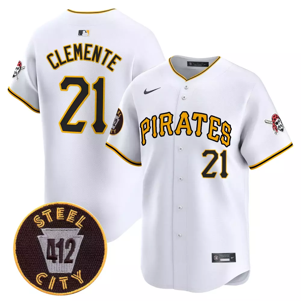 Roberto Clemente Pittsburgh Pirates Men's 412 Patch Jersey | Nike Vapor Premier Limited Edition V3 | All Stitched in White for Game Day | For Men, Women & Youth