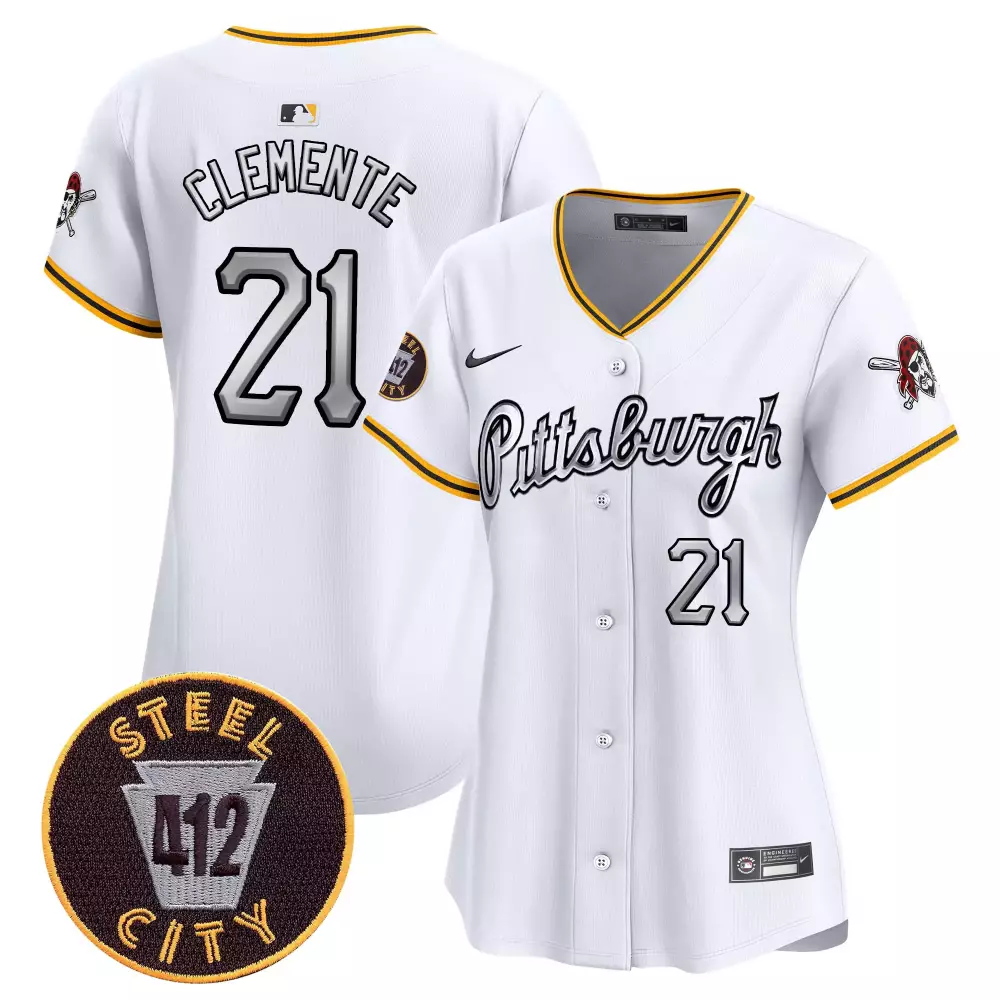 Roberto Clemente Pittsburgh Pirates Women's 412 Patch Jersey | Nike Vapor Premier Limited Edition V7 | All Stitched in White for Game Day | For Men, Women & Youth