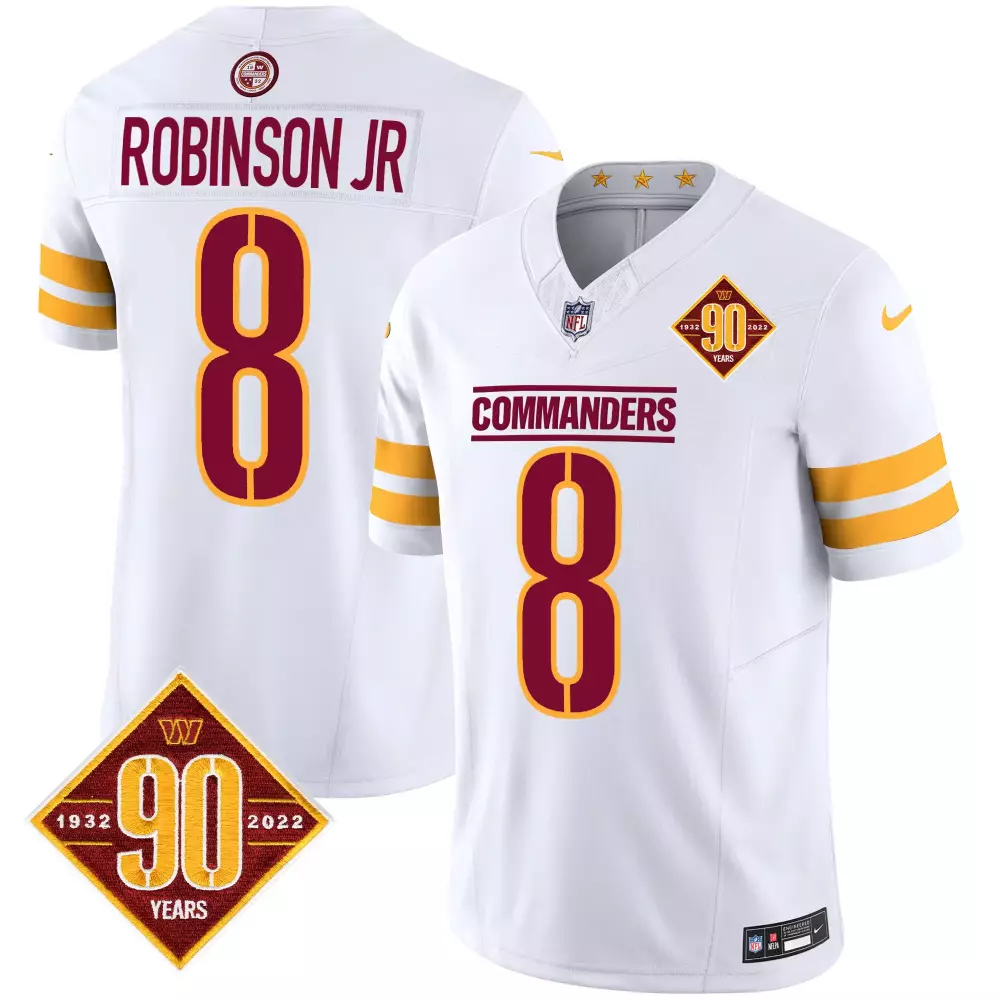 Robinson Jr. White Men's Washington Commanders 90th Anniversary Patch Vapor Jersey V2 | All Stitched | Game Day Outfit for Men, Women & Youth