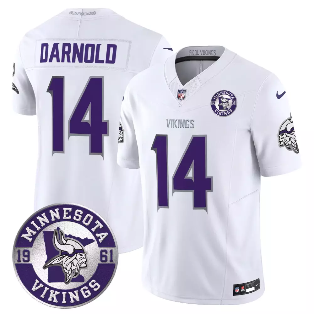 Sam Darnold White Limited Men's Minnesota Vikings 2024 Vapor Limited Jersey | Stitched | Est 1961 Patch | For Men, Women & Youth