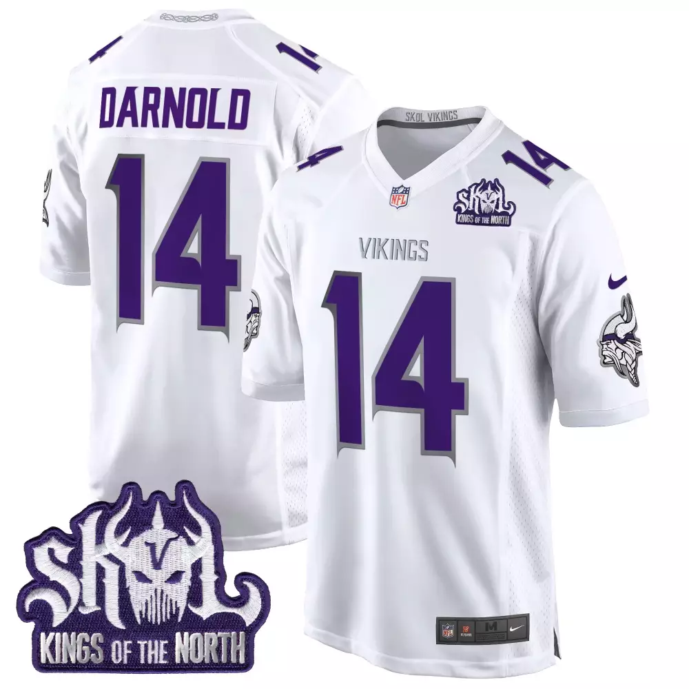 Sam Darnold Winter Warrior Men's Minnesota Vikings King of the North Patch Throwback Game Jersey | Stitched | For Men, Women & Youth