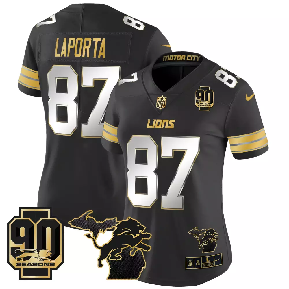 Sam Laporta Detroit Lions 2024 Black Limited Jersey | Michigan 90th Year Patch | Gold Vapor | For Men, Women & Youth